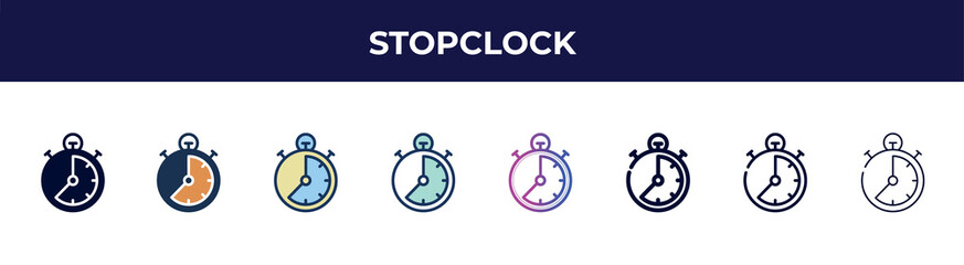 stopclock icon in 8 styles. line, filled, glyph, thin outline, colorful, stroke and gradient styles, stopclock vector sign. symbol, logo illustration. different style icons set.