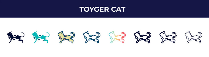 toyger cat icon in 8 styles. line, filled, glyph, thin outline, colorful, stroke and gradient styles, toyger cat vector sign. symbol, logo illustration. different style icons set.