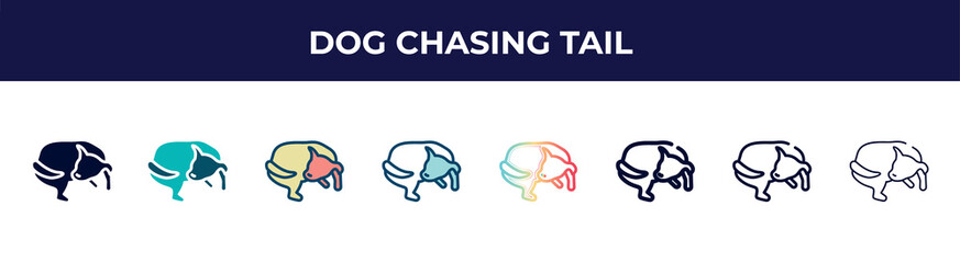 dog chasing tail icon in 8 styles. line, filled, glyph, thin outline, colorful, stroke and gradient styles, dog chasing tail vector sign. symbol, logo illustration. different style icons set.
