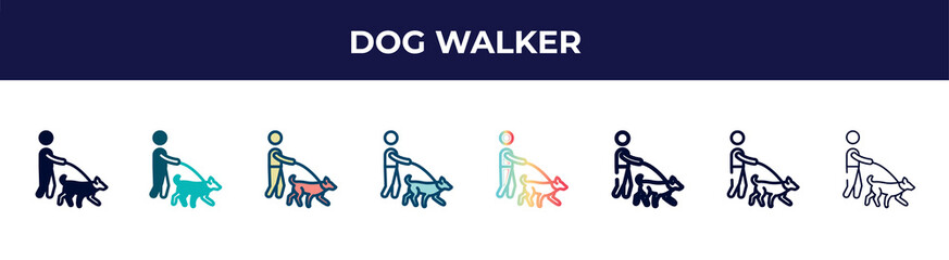 dog walker icon in 8 styles. line, filled, glyph, thin outline, colorful, stroke and gradient styles, dog walker vector sign. symbol, logo illustration. different style icons set.