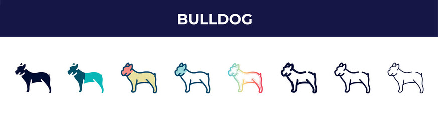 bulldog icon in 8 styles. line, filled, glyph, thin outline, colorful, stroke and gradient styles, bulldog vector sign. symbol, logo illustration. different style icons set.