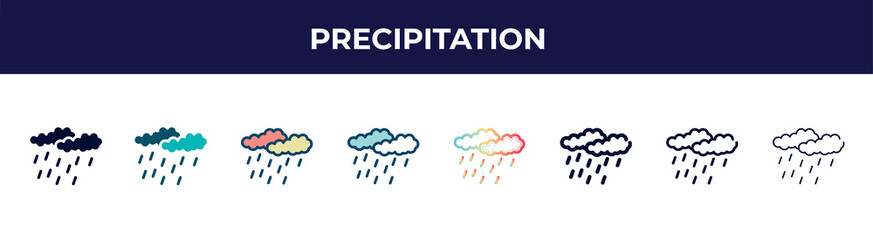 precipitation icon in 8 styles. line, filled, glyph, thin outline, colorful, stroke and gradient styles, precipitation vector sign. symbol, logo illustration. different style icons set.