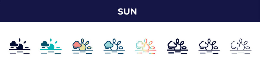 sun icon in 8 styles. line, filled, glyph, thin outline, colorful, stroke and gradient styles, sun vector sign. symbol, logo illustration. different style icons set.
