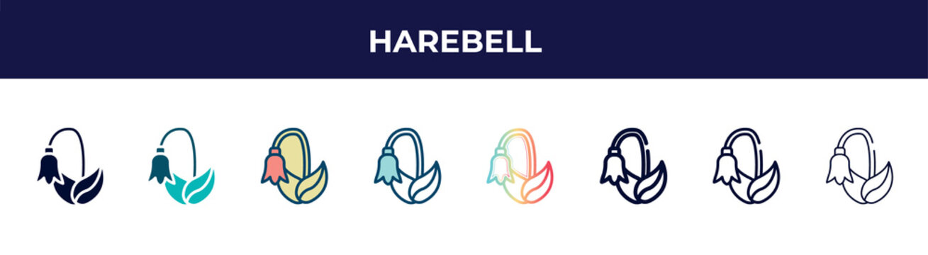 harebell icon in 8 styles. line, filled, glyph, thin outline, colorful, stroke and gradient styles, harebell vector sign. symbol, logo illustration. different style icons set.