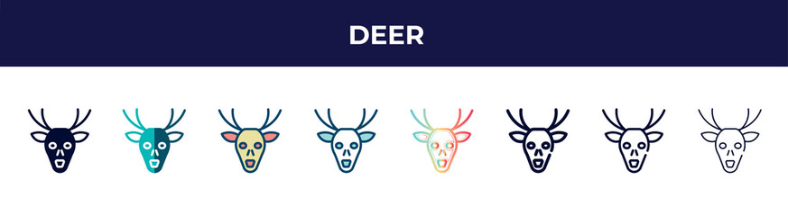 deer icon in 8 styles. line, filled, glyph, thin outline, colorful, stroke and gradient styles, deer vector sign. symbol, logo illustration. different style icons set.