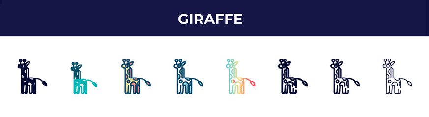 giraffe icon in 8 styles. line, filled, glyph, thin outline, colorful, stroke and gradient styles, giraffe vector sign. symbol, logo illustration. different style icons set.