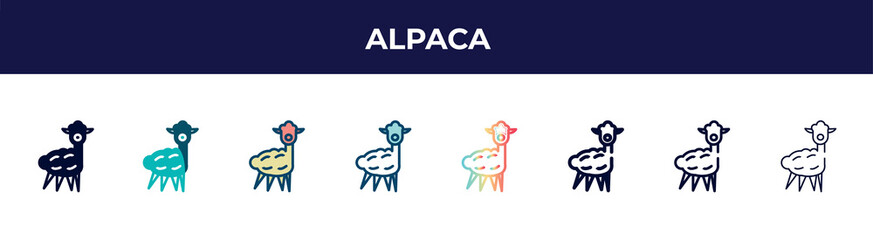 alpaca icon in 8 styles. line, filled, glyph, thin outline, colorful, stroke and gradient styles, alpaca vector sign. symbol, logo illustration. different style icons set.