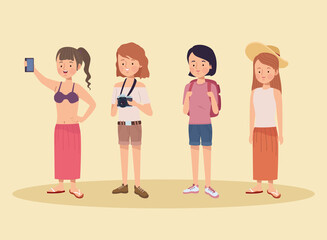 Naklejka premium four tourists travelers characters