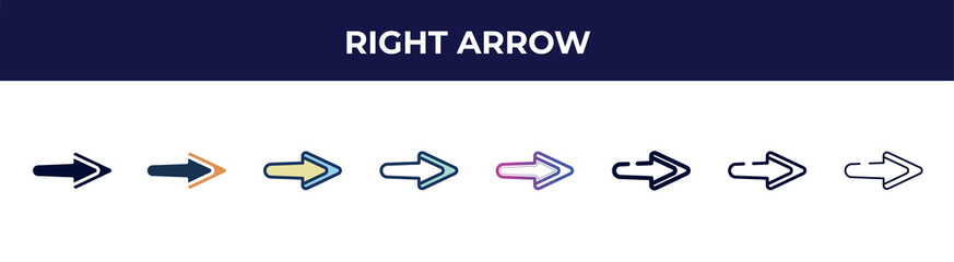 right arrow icon in 8 styles. line, filled, glyph, thin outline, colorful, stroke and gradient styles, right arrow vector sign. symbol, logo illustration. different style icons set.