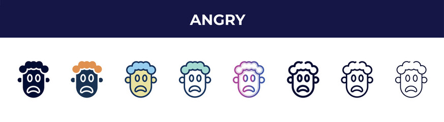 angry icon in 8 styles. line, filled, glyph, thin outline, colorful, stroke and gradient styles, angry vector sign. symbol, logo illustration. different style icons set.