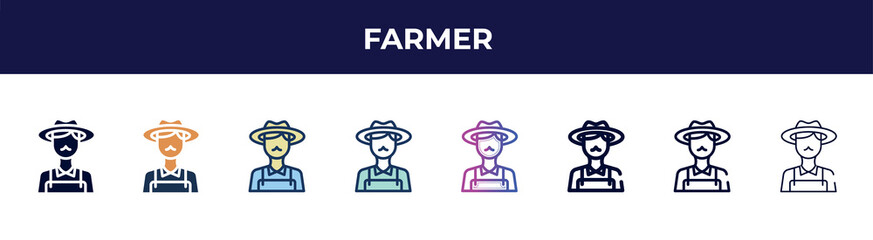 farmer icon in 8 styles. line, filled, glyph, thin outline, colorful, stroke and gradient styles, farmer vector sign. symbol, logo illustration. different style icons set.