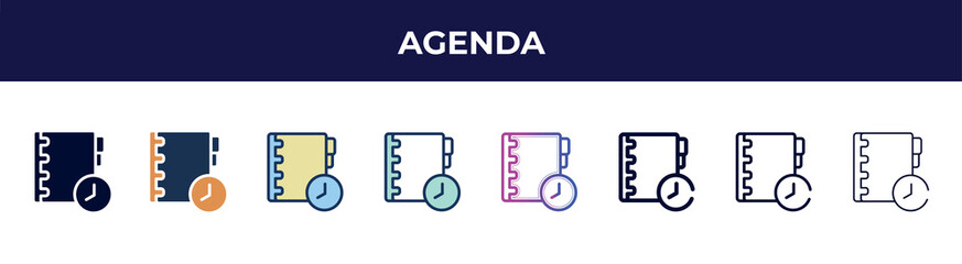 agenda icon in 8 styles. line, filled, glyph, thin outline, colorful, stroke and gradient styles, agenda vector sign. symbol, logo illustration. different style icons set.