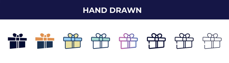hand drawn icon in 8 styles. line, filled, glyph, thin outline, colorful, stroke and gradient styles, hand drawn vector sign. symbol, logo illustration. different style icons set.