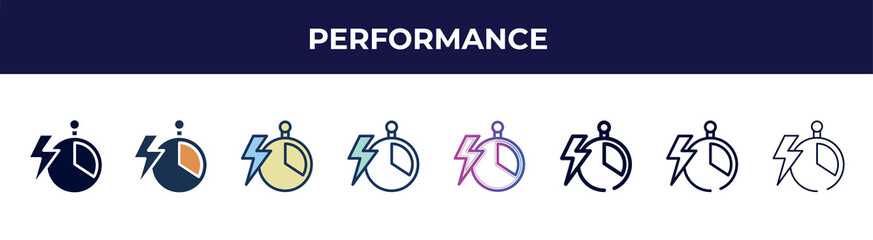 performance icon in 8 styles. line, filled, glyph, thin outline, colorful, stroke and gradient styles, performance vector sign. symbol, logo illustration. different style icons set.