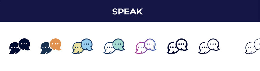 speak icon in 8 styles. line, filled, glyph, thin outline, colorful, stroke and gradient styles, speak vector sign. symbol, logo illustration. different style icons set.