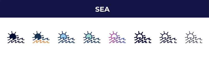 sea icon in 8 styles. line, filled, glyph, thin outline, colorful, stroke and gradient styles, sea vector sign. symbol, logo illustration. different style icons set.