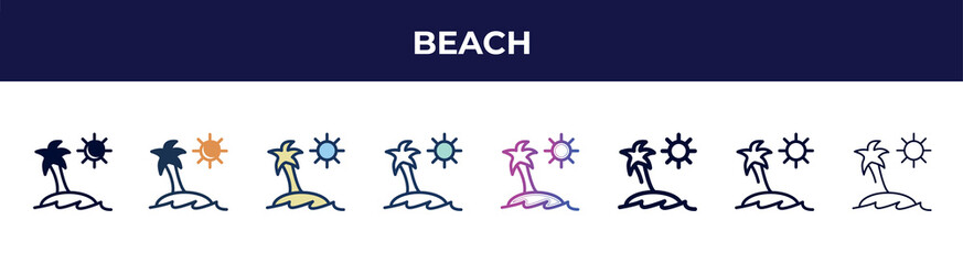 beach icon in 8 styles. line, filled, glyph, thin outline, colorful, stroke and gradient styles, beach vector sign. symbol, logo illustration. different style icons set.