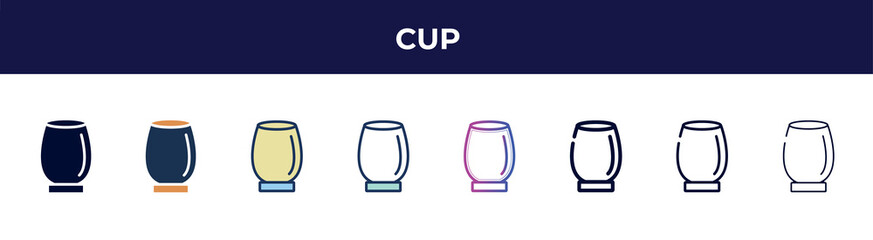 cup icon in 8 styles. line, filled, glyph, thin outline, colorful, stroke and gradient styles, cup vector sign. symbol, logo illustration. different style icons set.