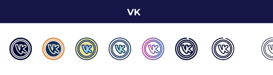 vk icon in 8 styles. line, filled, glyph, thin outline, colorful, stroke and gradient styles, vk vector sign. symbol, logo illustration. different style icons set.
