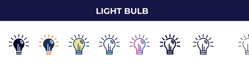 light bulb icon in 8 styles. line, filled, glyph, thin outline, colorful, stroke and gradient styles, light bulb vector sign. symbol, logo illustration. different style icons set.