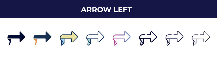 arrow left icon in 8 styles. line, filled, glyph, thin outline, colorful, stroke and gradient styles, arrow left vector sign. symbol, logo illustration. different style icons set.