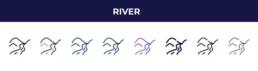 river icon in 8 styles. line, filled, glyph, thin outline, colorful, stroke and gradient styles, river vector sign. symbol, logo illustration. different style icons set.