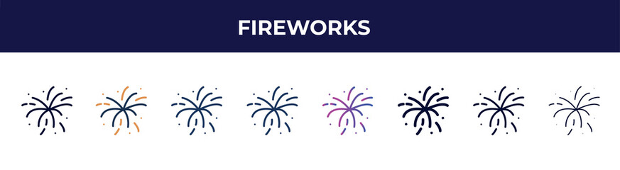 Fototapeta na wymiar fireworks icon in 8 styles. line, filled, glyph, thin outline, colorful, stroke and gradient styles, fireworks vector sign. symbol, logo illustration. different style icons set.