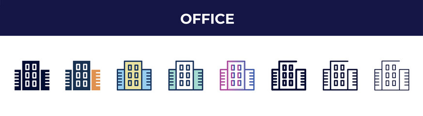 office icon in 8 styles. line, filled, glyph, thin outline, colorful, stroke and gradient styles, office vector sign. symbol, logo illustration. different style icons set.