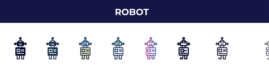 robot icon in 8 styles. line, filled, glyph, thin outline, colorful, stroke and gradient styles, robot vector sign. symbol, logo illustration. different style icons set.