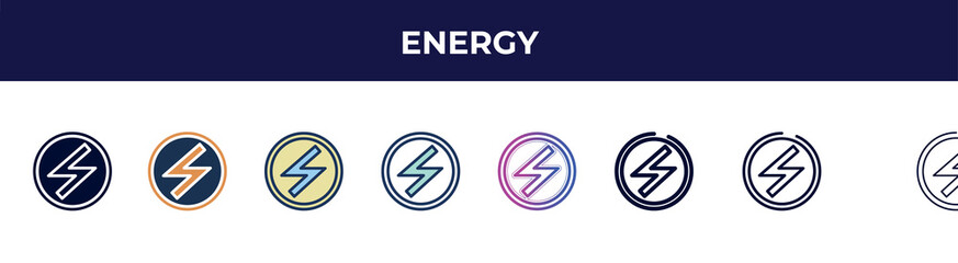 energy icon in 8 styles. line, filled, glyph, thin outline, colorful, stroke and gradient styles, energy vector sign. symbol, logo illustration. different style icons set.