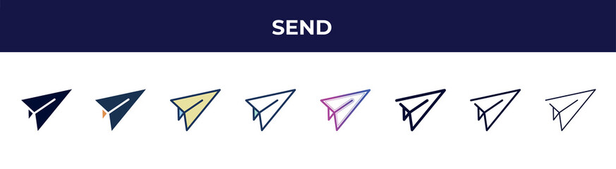 send icon in 8 styles. line, filled, glyph, thin outline, colorful, stroke and gradient styles, send vector sign. symbol, logo illustration. different style icons set.