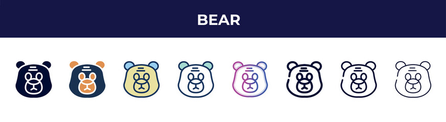 bear icon in 8 styles. line, filled, glyph, thin outline, colorful, stroke and gradient styles, bear vector sign. symbol, logo illustration. different style icons set.