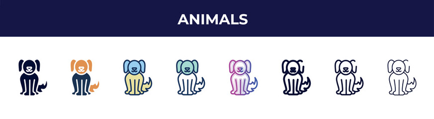 animals icon in 8 styles. line, filled, glyph, thin outline, colorful, stroke and gradient styles, animals vector sign. symbol, logo illustration. different style icons set.