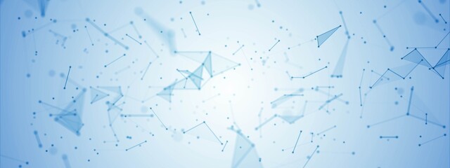 Abstract blue background. Design of glass fragments. Texture of geometric shapes, triangles, lines, points. Chaotic particles. Explosion of universe. Outer space. Poster for technology, business.