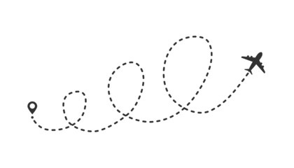 Airplane icon and its track with geotag on start point vector illustration on white background