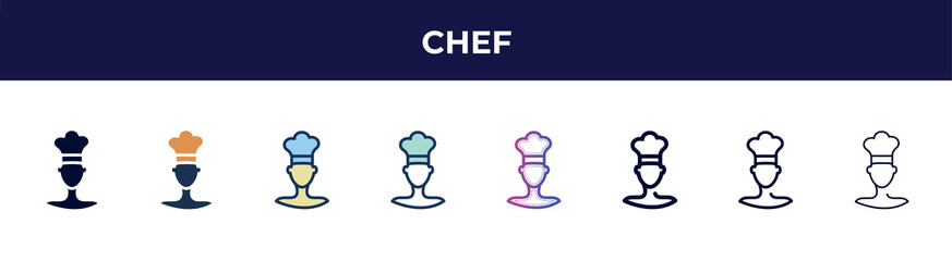 chef icon in 8 styles. line, filled, glyph, thin outline, colorful, stroke and gradient styles, chef vector sign. symbol, logo illustration. different style icons set.