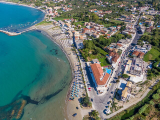 Aerial droen view of famosu roda beach in north corfu greece - obrazy, fototapety, plakaty