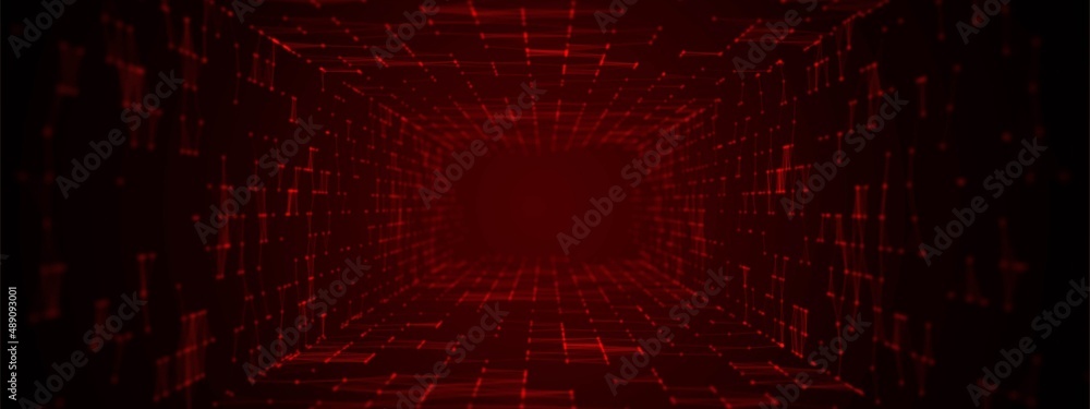 Poster neon background frame. mosaic tunnel design, path grid. digital network pattern, luminous particles,