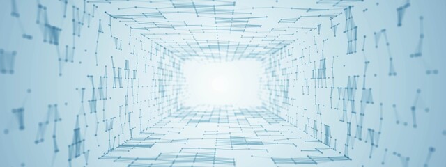 Blue background frame. Mosaic tunnel design, grid of paths. Digital network pattern, particles, lines. A plexus of triangles. Outer space. Banner technologies, medicine, business.