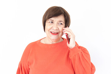 Old beautiful brunette lady talking on cell phone front photo with white background