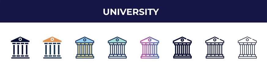 university icon in 8 styles. line, filled, glyph, thin outline, colorful, stroke and gradient styles, university vector sign. symbol, logo illustration. different style icons set.