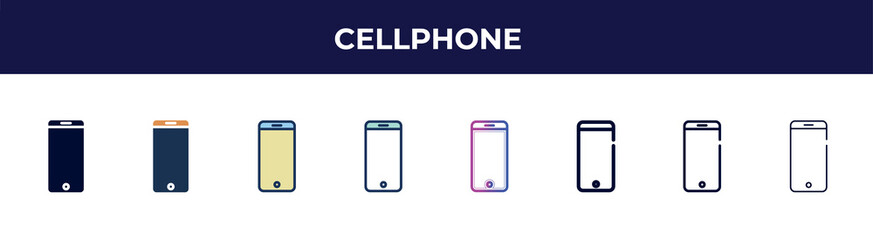 cellphone icon in 8 styles. line, filled, glyph, thin outline, colorful, stroke and gradient styles, cellphone vector sign. symbol, logo illustration. different style icons set.