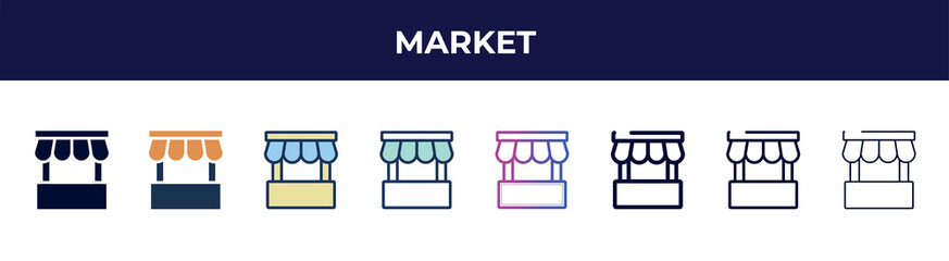 market icon in 8 styles. line, filled, glyph, thin outline, colorful, stroke and gradient styles, market vector sign. symbol, logo illustration. different style icons set.