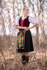 Young beautiful slovak woman in traditional dress. Slovak folklore