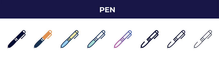 pen icon in 8 styles. line, filled, glyph, thin outline, colorful, stroke and gradient styles, pen vector sign. symbol, logo illustration. different style icons set.