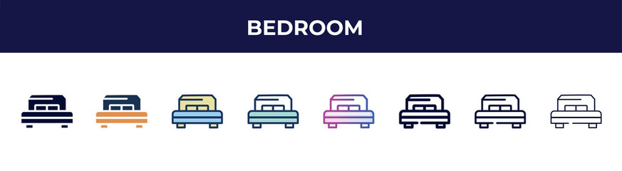 bedroom icon in 8 styles. line, filled, glyph, thin outline, colorful, stroke and gradient styles, bedroom vector sign. symbol, logo illustration. different style icons set.