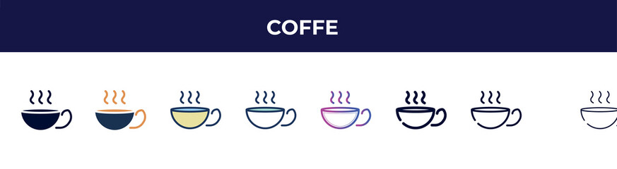 coffe icon in 8 styles. line, filled, glyph, thin outline, colorful, stroke and gradient styles, coffe vector sign. symbol, logo illustration. different style icons set.