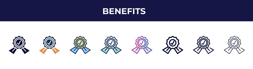 benefits icon in 8 styles. line, filled, glyph, thin outline, colorful, stroke and gradient styles, benefits vector sign. symbol, logo illustration. different style icons set.