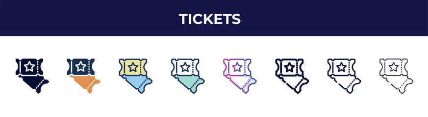 tickets icon in 8 styles. line, filled, glyph, thin outline, colorful, stroke and gradient styles, tickets vector sign. symbol, logo illustration. different style icons set.