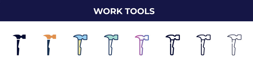 work tools icon in 8 styles. line, filled, glyph, thin outline, colorful, stroke and gradient styles, work tools vector sign. symbol, logo illustration. different style icons set.